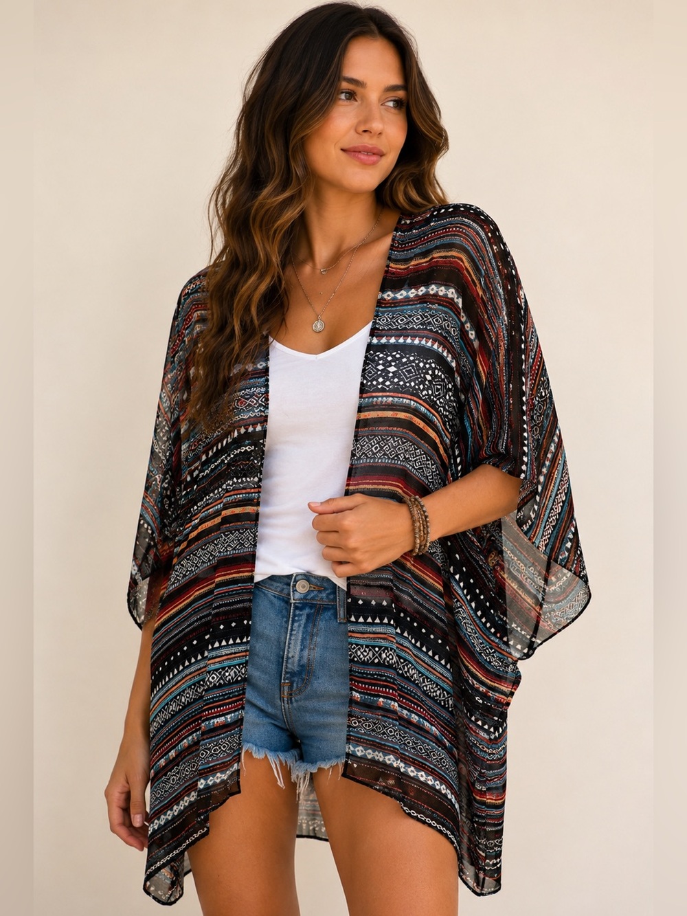 Forever 21 Tribal Print Sheer Kimono‎ Cover Up Boho M